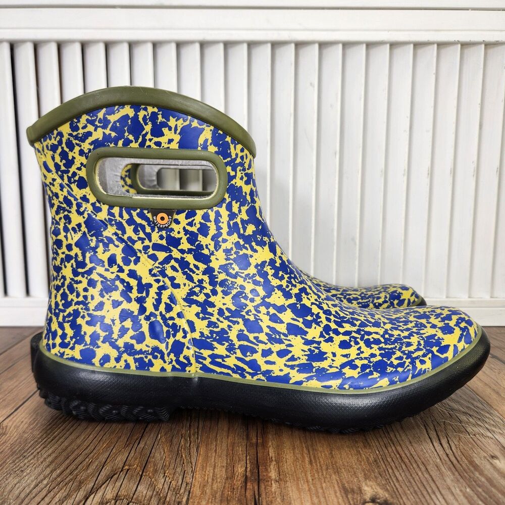 Bogs Patch Rain Boots Womens Sz 10 Blue Yellow Spot Splatter Rubber Ankle Garden